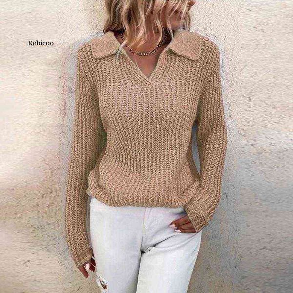 

women's sweaters 2022 autumn winter women knitted sweater elegant lapel v neck loose pullover woolen office casual long sleeve loose sw, White;black