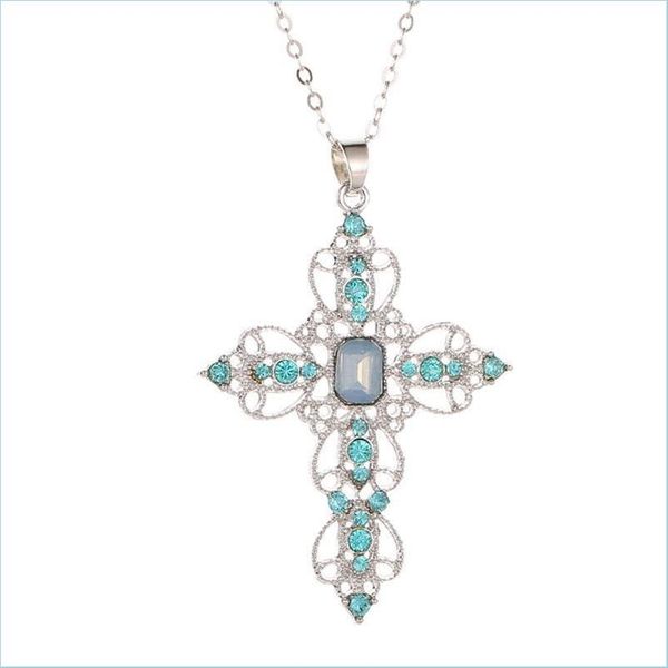 

pendant necklaces pendant necklaces bohemian style cross necklace women hollow inlaid blue crystal clavicle chain bride wed bdegarden dhvqj, Silver