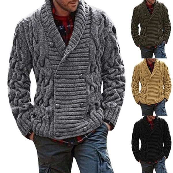 

men's wool blends men's knitted thick shawl collar double breasted cable knitwear cardigan solid color long sleeve sweater coat ma, Black