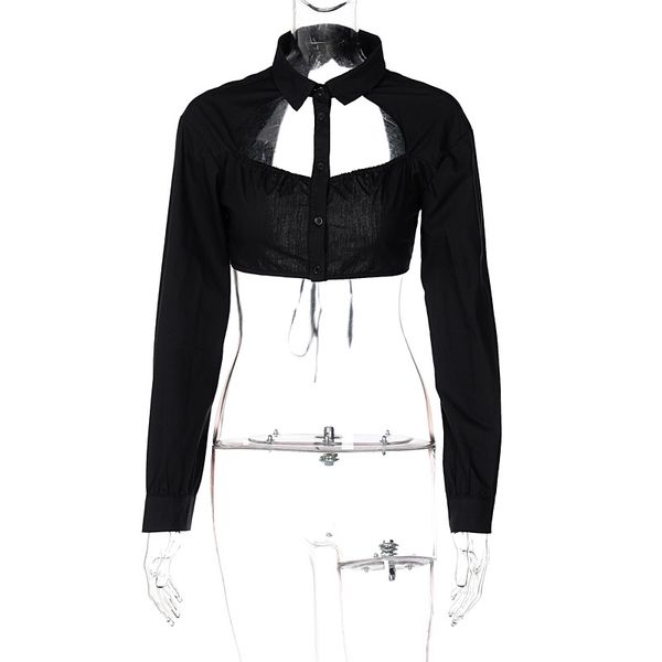 

women's t-shirt & tees solid color polo neck cord long sleeve crop shirt, White