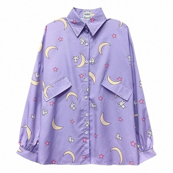 

japanese sweet cartoon moon print shirts women kawaii jk blouse girls harajuku cute loose long sleeve oversized fall women's blo blous, White