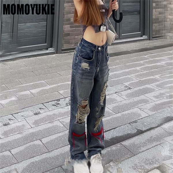 

women's jeans spring womens ripped hole boyfriend high waist wide leg jeans baggy woman denim pants jean mom trousers 220902, Blue