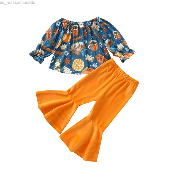 

special occasions citgeett autumn halloween toddler girls outfits off shoulder long sleeve pumpkin flare pants clothes set l220915, Blue