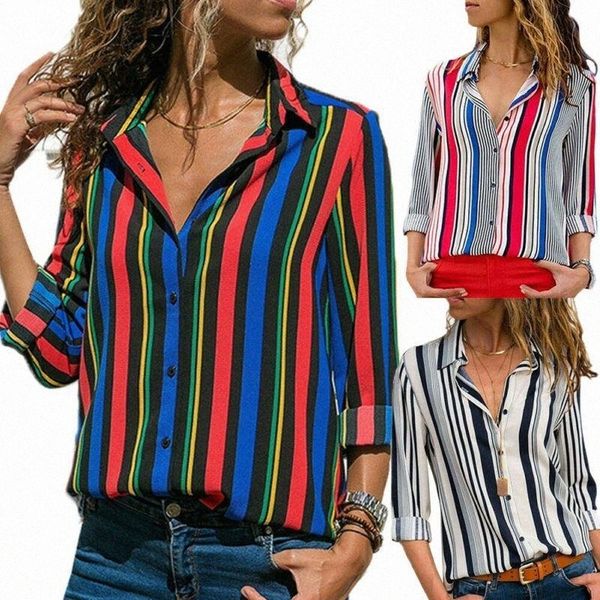 

womens summer ol work long sleeve button blue chiffon stripe plus size shirt casual loose blouse 4 colors women's blouses & shirts z8r, White