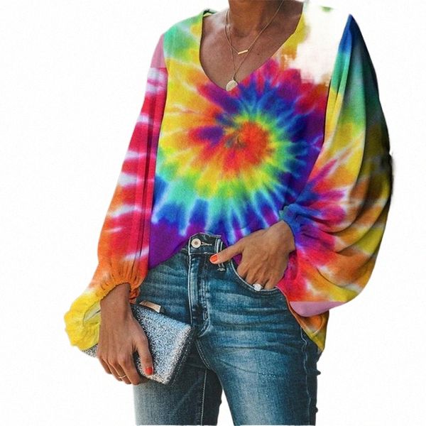 

colorful rainbow tie dye print summer causal long sleeve loose shirt breathable plus size chiffon blouse blusa feminina women's blouses, White