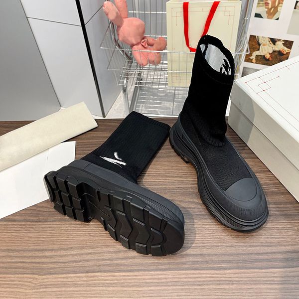 

new ladies knitted elastic socks boots shoes high-end designer thin martin boot thick bottom breathable joker short elastic casual shoe size, Black