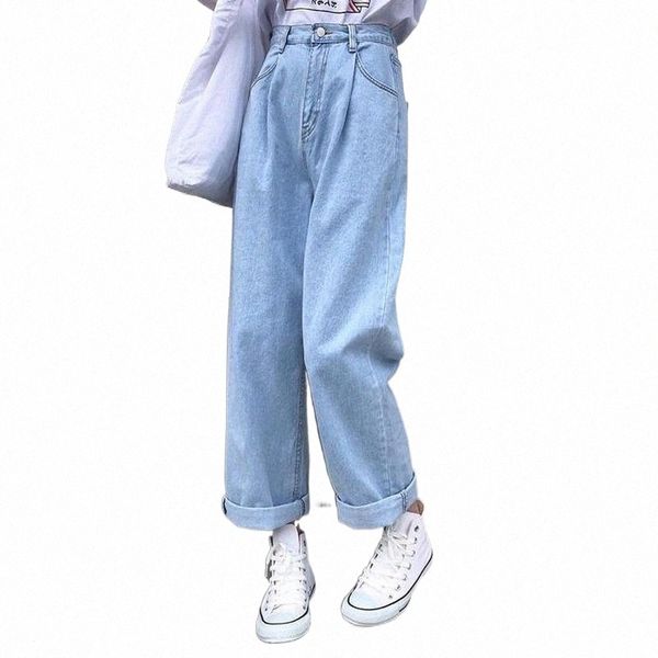 

jeans women solid vintage high waist wide leg denim trousers simple students all-match loose fashion harajuku womens chic casual women', Blue