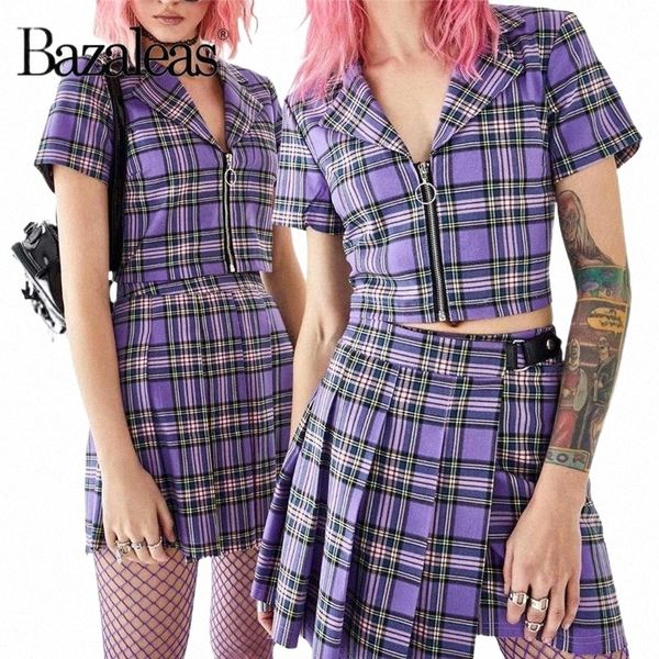 

bazaleas streetwear tartan purple women blouse center zipper crop fashion turn down cropped women's blouses & shirts o4pc#, White