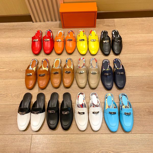 

classic leather slippers women genuine leather mules loafers metal festival red lovely white girls outdoor walking catwalk shows shoes size, Black