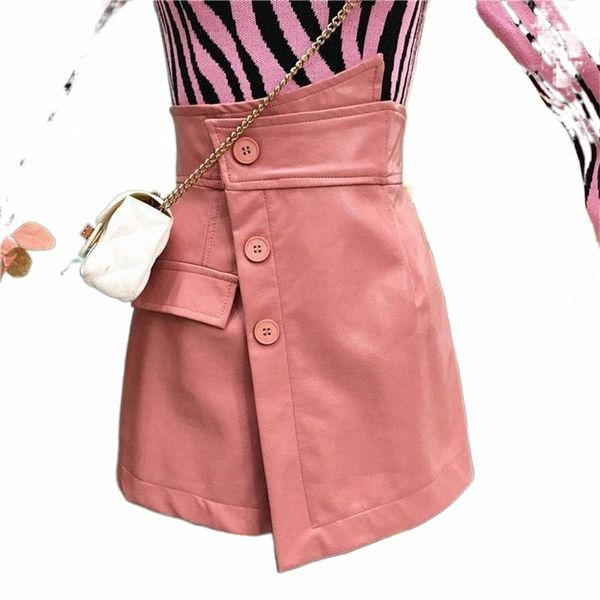 

korea fashion 2021 autumn shorts womens pu faux leather solid color irregular hips button elegant mini women's h5f0#, White;black