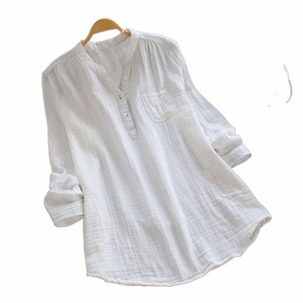 

autumn women cotton linen blouse casual solid v-neck long sleeve buttons pockets fashion loose shirts ropa mujer women's blouses & t4yt, White