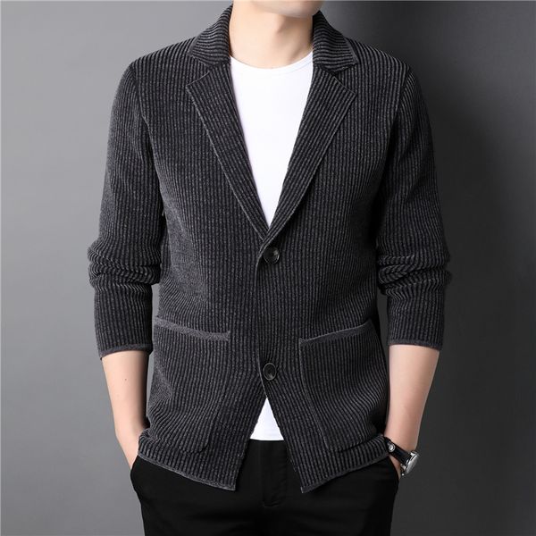 

men's wool blends autumn men's thick cardigan jacket business casual suit collar two buttons knit sweater coat male brand 220915, Black