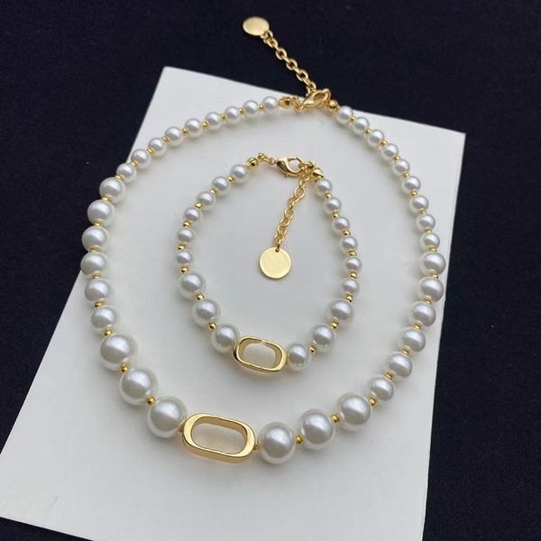 

luxury designer d letters pendant necklaces classic 18k gold pearl beads shining charm choker necklace bracelets party wedding jewelry, Silver