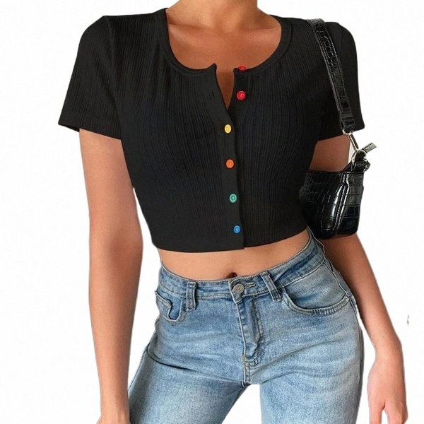

casual round neck short sleeve single breasted white crop 2021 summer women fashion ribbed knitted t shirt streetwear w92e#