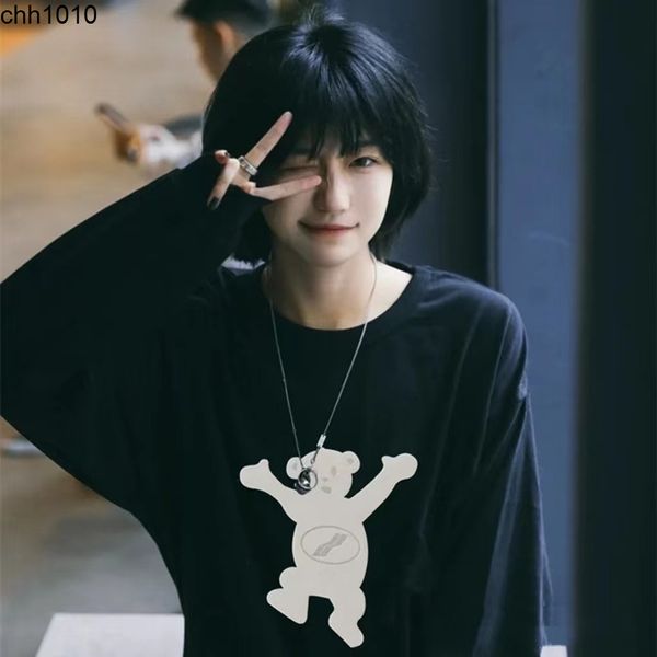 

correct version we11done limited flocking teddy bear printed long sleeved t-shirt 2022 loose casual sweater for men and women, Black