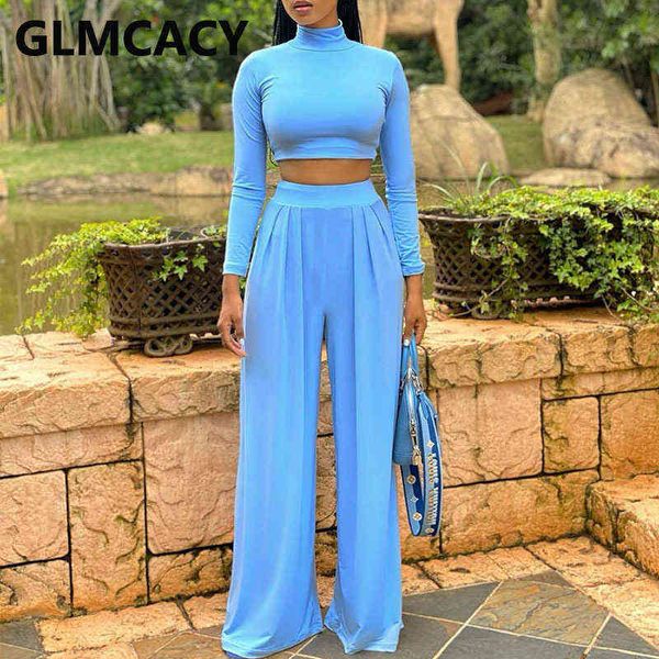 

women's two piece pants women two piece casual suits long sleeve cowl neck crop shirt wide leg loose long pants set t220902, White