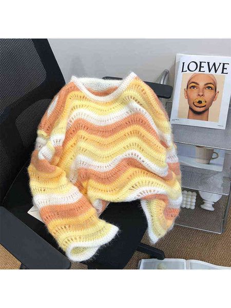 

women's sweaters 2022 women autumn winter sweet gradient striped knitwear jumpecrew-neck long sleeve plush knitted pullover wool cashme, White;black