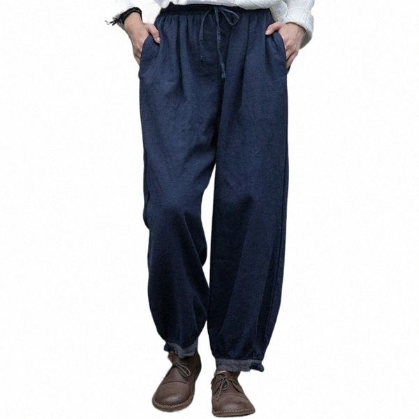 

johnature autumn winter retro plate buckle elastic waist full length lace up pants 2021 new loose leisure all-match women pants b4t3#, Black;white