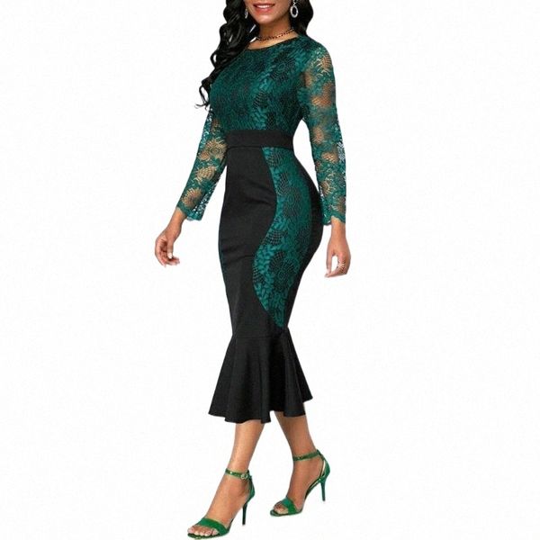 

casual dresses party lace patchwork color block women long sleeve bodycon fishtail trumpet mermaids midi dress 33zv#, Black;gray