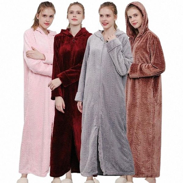 

women's sleepwear zipper lovers night dressing gown women plus size long warm flannel bathrobe bride cozy hooded bath robe pregnant 35m, Black;red