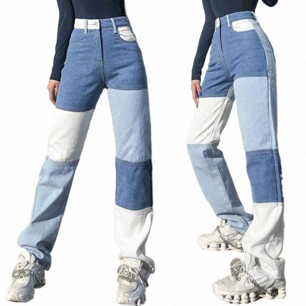

patchwork jeans for women washed contrast high waist jeans ladies' stitching straight pants denim joggers loose trousers 31gx#, Blue