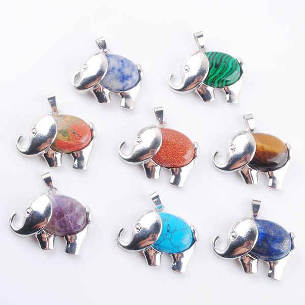 

elephant pendants necklace natural gem stone crystal pendant onyx lapis lazuli opal etc pendulum charms amulet jewelry for women bn370, Silver