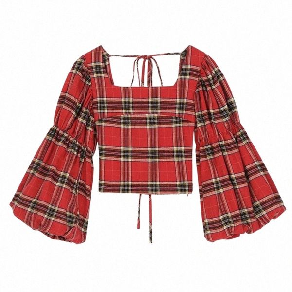 

women red blue yellow plaid shirt square collar lantern long sleeve strapless ruched spring summer b0755 women's blouses & shirts 84e6#, White