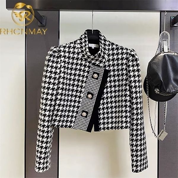 

womens jackets luxury brand tweed thousand bird lattice coat ladies elegant fall winter fashion leisure short woolen jacket female 220915, Black;brown