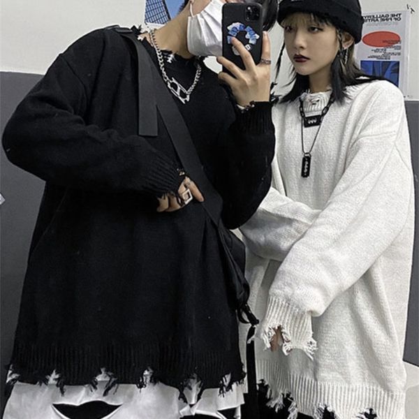 

men's sweaters pfnw torn sweater hip hop dark style streetwear solid hollow out rotten edge o-neck pullover autumn casual male 220915, White;black