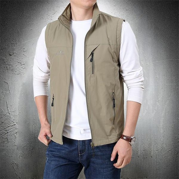 

men's vests summer thin vest jacket men outdoor casual clothes lightweight short sleeve vests men stand collar male trekking coat trave, Black;white