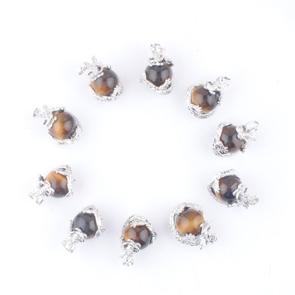 

wholesale stone pendants dragon wrap reiki chakra healing natural tigers eye round ball 16mm bead amulet jewellery dn3137, Silver