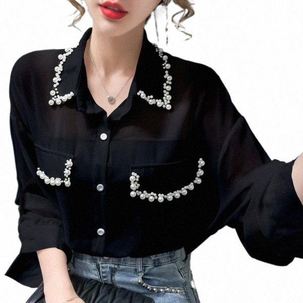 

women chiffon blouse beading single breasted lapel long lantern sleeve ladies blouses shirts elegant blusas femininas women's & i6it#, White