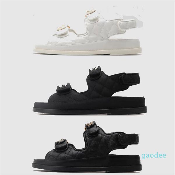 

2021 calf leather quilt belt sandals quilted paris fashion platform black white beach classic flat woman summer design women's 35-310z