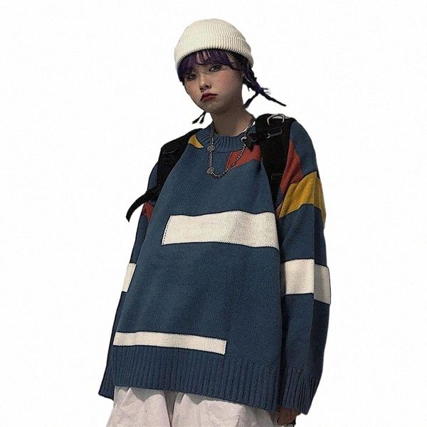 

autumn and winter korean ins harajuku lazy style sweater women loose outer wear all-match color matching long -sleeved kniwomen's t-shi, White