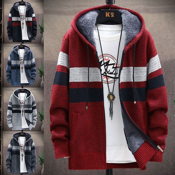 

men's wool blends winter men jacket warm coat knitted sweater fleece cardigans fashion cardigans casual gentlemen hooded sweatshirt 220, Black