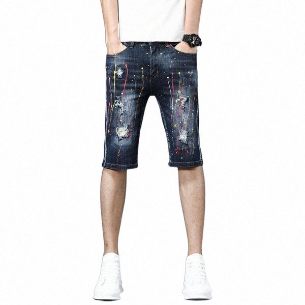 

denim shorts men's personality graffiti splash ink european and american style street ripped tide pants short jeans 82lo#, White;black