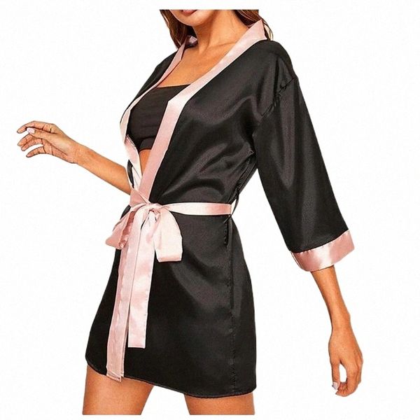 

women's sleepwear kimono robe bathrobe women pajama faux silk bridesmaid robes satin ladies dressing gowns t8rf#, Black;red