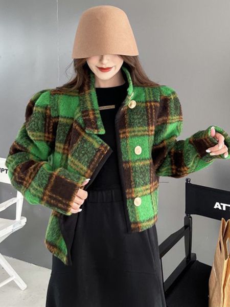 

women s fur faux women vintage green woolen jacket short coat 220915, Black