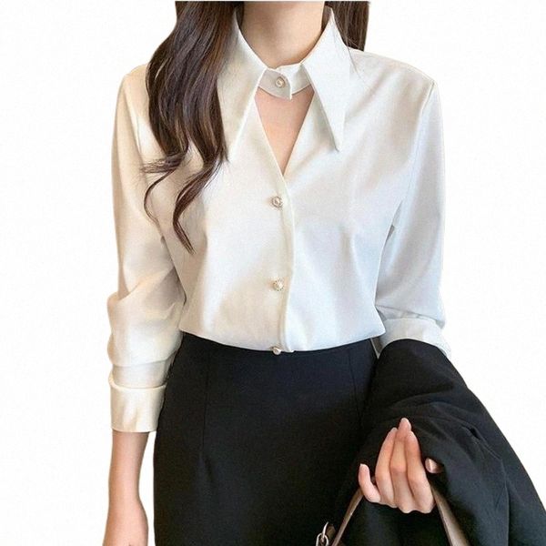

spring korean style hollow lapel silk chiffon shirt women office lady beading long sleeve blouses elegant fashion loose chic m7cu#, White