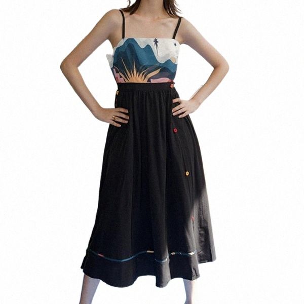 

female summer retro abstract printing stitching sling dress color single breasted personality fashion casual dresses g9yt#, Black;gray