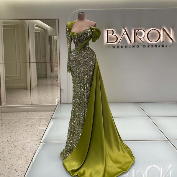 

emerald green sequined prom dresses one shoulder long sleeve bling evening gowns arabic plus size women gowns vestidos, Black