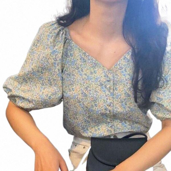 

vintage v neck puff sleeve women print blouses korean chic single breasted female shirts 2021 summer sweet blusas mujer women's & n7yv#, White