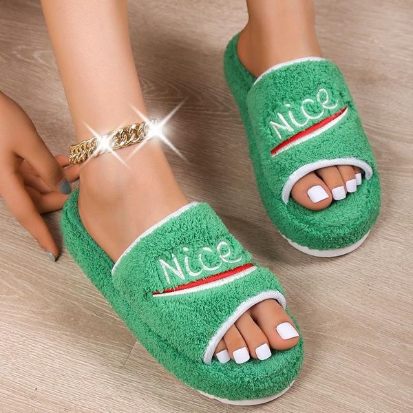 

2022 women embroidered towel slippersnew thick soled plush thickened slides shoes, Black