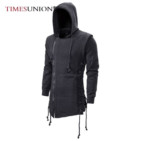 

men's hoodies sweatshirts streetwear fashion hooded loose coat zipper with side lashing crossed plus size sweatshirt 220915, Black