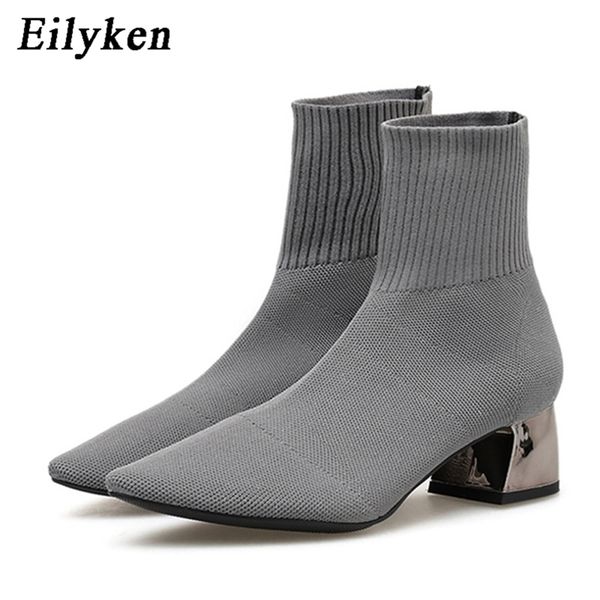 

boots eilyken autumn winter knitted stretch fabric socks women low heel short gray pointedtoe female ankle booties 220914, Black