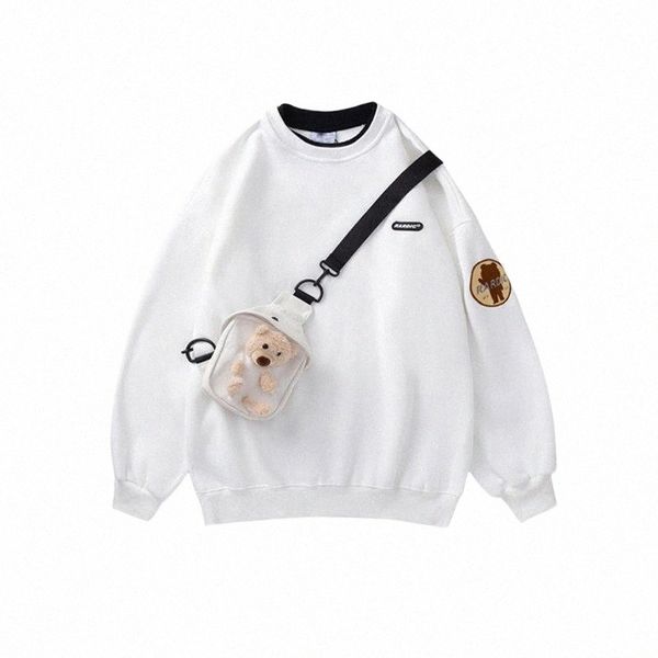 

men hoodie sweatshirt men harajuku o neck pullover with bear bag spring autumn long sleeves sweatshirts 63es#, Black