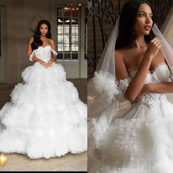 

luxury wedding dress custom made off the shoulder beads crystal ball gown tiered ruffle puffy bridal dresses, White
