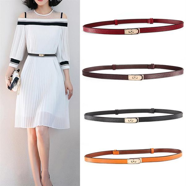

new women's dress belts golden buckle skinny fashion cowhide belts genuine leather waist strap for female up to 38 in295t, Black;brown