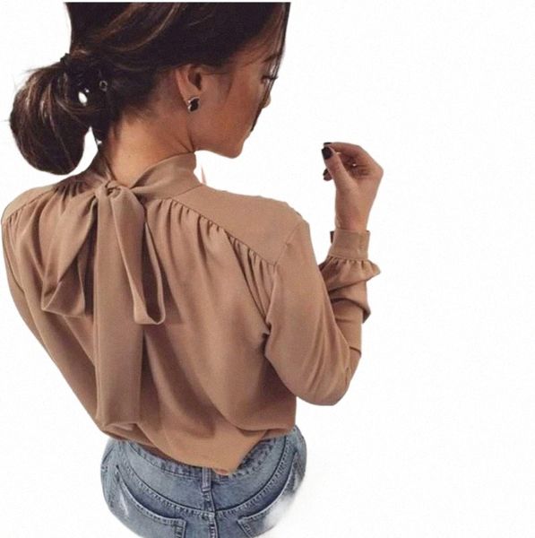 

women's blouses & shirts fashion women office lady chiffon halter open back bow bandage blouse long sleeve stand collar solid elegant c, White