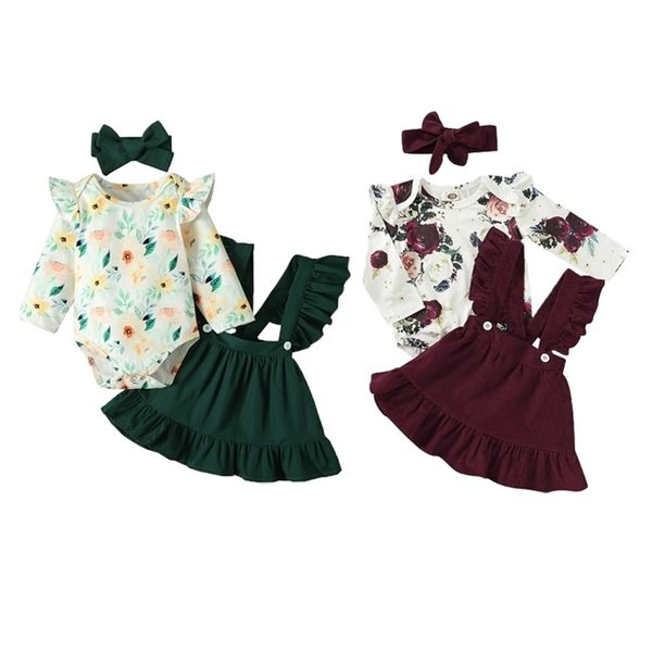 

clothing sets autumn born baby girls clothes floral long sleeve rompers jumpsuits ruffles suspender skirts headband cotton outfits 220915, White